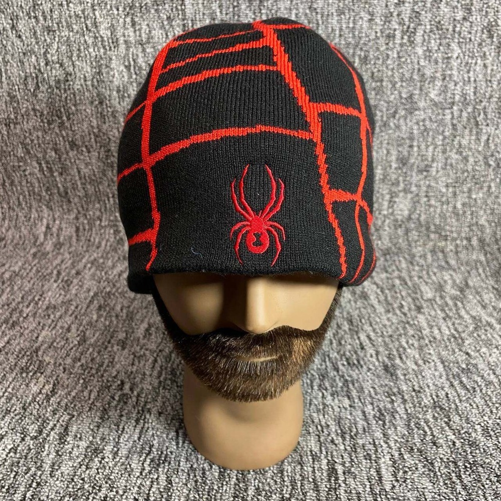Spyder Mens Web Knit Beanie Hat Black Red Embroidered Spider Logo Winter Cap